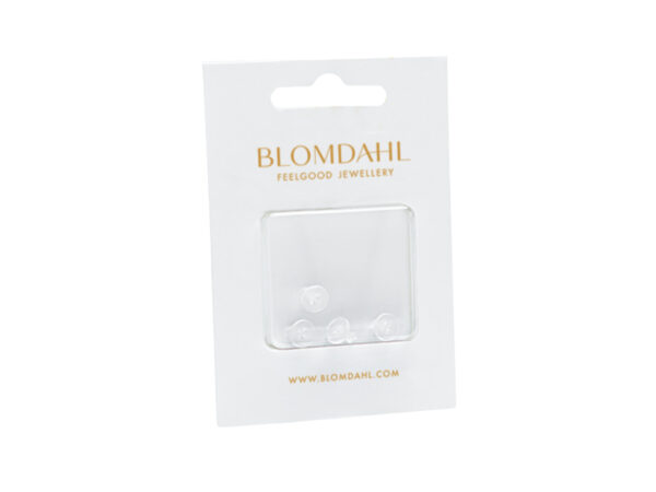 Latched & Bloom Packaging of Earring Backings - Medical Grade Plastic featuring transparent earrings displayed on a white background. Pediatric and Postpartum Care