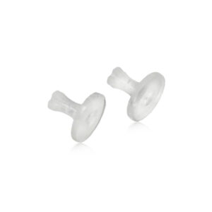 Latched & Bloom Two medical grade plastic earring backings isolated on a white background. Pediatric and Postpartum Care