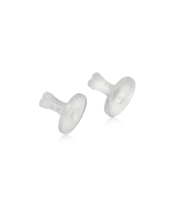 Latched & Bloom Two medical grade plastic earring backings isolated on a white background. Pediatric and Postpartum Care