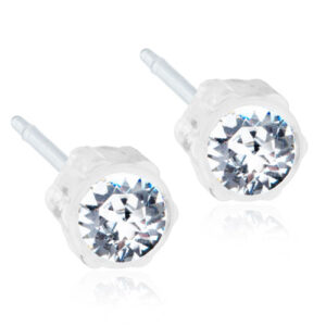 Latched & Bloom A pair of White Crystal Bezel Earrings- 4mm set in white gold with transparent backings on a white background. Pediatric and Postpartum Care