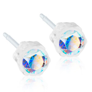 Latched & Bloom A pair of Rainbow Bezel Crystal Earrings- 4mm with a silver-tone setting, isolated on a white background. Pediatric and Postpartum Care