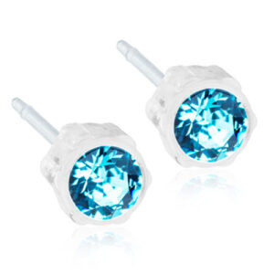 Latched & Bloom A pair of Aquamarine Bezel Crystal Earrings- 4mm with silver settings, isolated on a white background. Pediatric and Postpartum Care