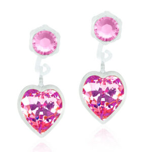 Latched & Bloom A pair of Pendant Heart Light Rose earrings featuring a round pink gemstone on top and a larger heart-shaped pink gemstone dangling below, both set in silver. Pediatric and Postpartum Care