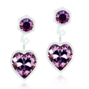 Latched & Bloom A pair of Pendant Heart Light Amethyst Earrings with a round purple gemstone stud on a white background. Pediatric and Postpartum Care