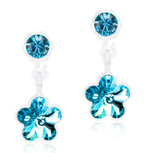 Latched & Bloom Pair of Pendant Flower Aquamarine Earrings featuring a round blue gemstone at the stud and a larger blue gemstone in a flower shape dangling below, all set in silver, against a white background. Pediatric and Postpartum Care