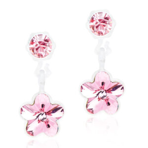 Latched & Bloom A pair of Pendant Flower Light Rose Earrings featuring a round pink gem and a dangling pink flower-shaped gem, displayed against a white background. Pediatric and Postpartum Care