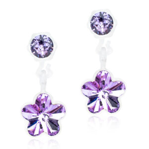 Latched & Bloom A pair of pendant flower violet earrings featuring round and floral-shaped purple gemstones set in a silver metal. Pediatric and Postpartum Care