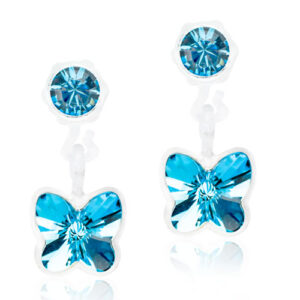 Latched & Bloom Pair of earrings featuring top round aquamarine gemstones and bottom butterfly-shaped aquamarine gemstones, both set in silver. Pediatric and Postpartum Care