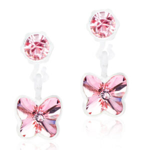 Latched & Bloom A pair of earrings with pink crystal studs and dangling Pendant Butterfly Light Rose Earring- 4/5mm pendants, isolated on a white background. Pediatric and Postpartum Care