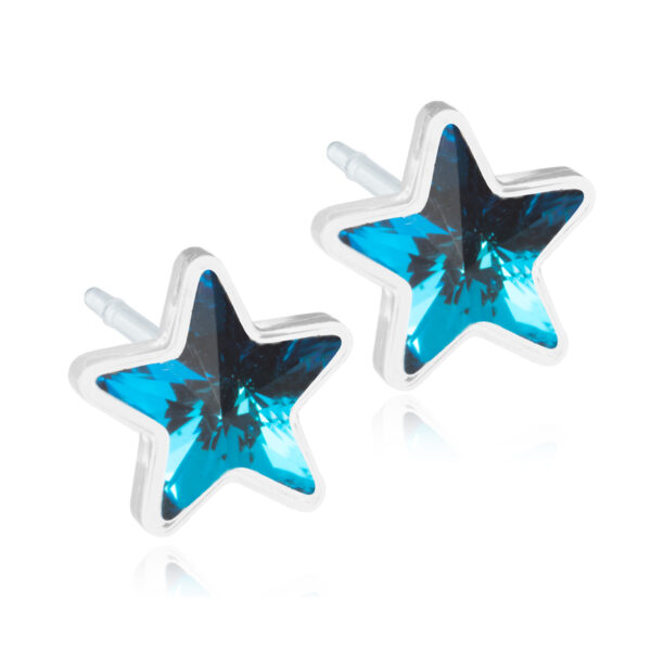 Latched & Bloom A pair of Aquamarine Crystal Star Stud Earrings with blue gemstones set in silver, displayed against a white background. Pediatric and Postpartum Care