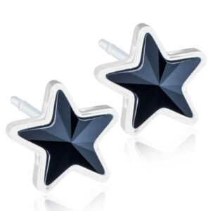 Latched & Bloom Black Crystal Star Stud Earring- 6mm with dark blue centers and silver edges, displayed against a white background. Pediatric and Postpartum Care