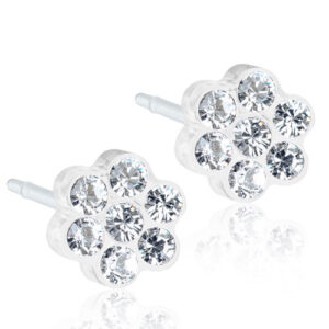 Latched & Bloom Pair of Daisy Crystal Stud Earrings with multiple clear crystals set in a shiny silver-tone metal. Pediatric and Postpartum Care