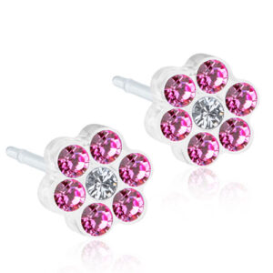 Latched & Bloom A pair of Daisy Rose Crystal Stud Earrings- 5mm with a flower design, featuring alternating pink and clear crystals in a circular arrangement. Pediatric and Postpartum Care