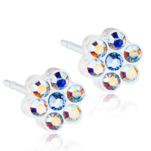 Latched & Bloom A pair of Daisy Rainbow/Alexandrite stud earrings with multicolored crystals and a silver-tone setting, displayed against a white background. Pediatric and Postpartum Care