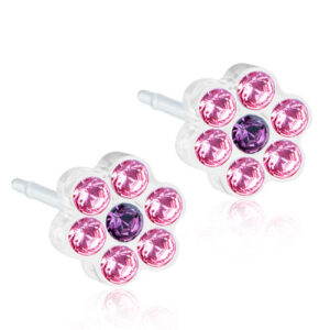 Latched & Bloom Pair of Daisy Light Rose / Amethyst Stud Earrings with silver setting, isolated on a white background. Pediatric and Postpartum Care