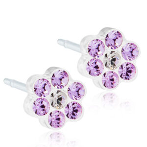 Latched & Bloom A pair of Daisy Violet Crystal Stud Earrings with pink crystals set in a silver-tone metal, isolated on a white background. Pediatric and Postpartum Care