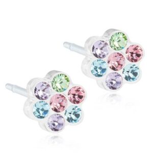 Latched & Bloom Pair of Daisy Light Fantasy stud earrings with multicolored crystals and silver posts, isolated on a white background. Pediatric and Postpartum Care