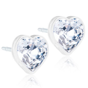 Latched & Bloom A pair of white crystal heart stud earrings with silver settings, isolated on a white background. Pediatric and Postpartum Care