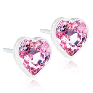 Latched & Bloom Pair of Light Rose Crystal Heart Stud Earrings set in silver, isolated on a white background. Pediatric and Postpartum Care