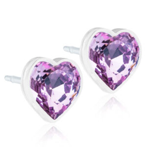 Latched & Bloom Pair of Light Amethyst Crystal Heart Stud Earrings with silver settings, isolated on a white background. Pediatric and Postpartum Care