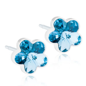 Latched & Bloom Pair of Aquamarine Crystal Flower Stud Earrings with silver settings, displayed against a white background. Pediatric and Postpartum Care