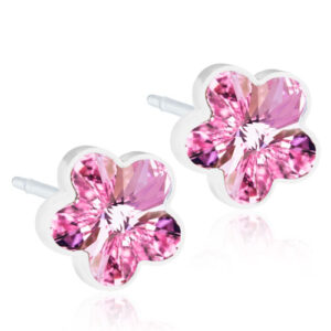 Latched & Bloom Pair of Light Rose Crystal Flower Stud Earrings with a silver setting, isolated on a white background. Pediatric and Postpartum Care