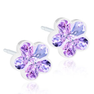 Latched & Bloom A pair of Violet Crystal Flower Stud Earring- 6mm with a reflective gem in each petal, set against a white background. Pediatric and Postpartum Care