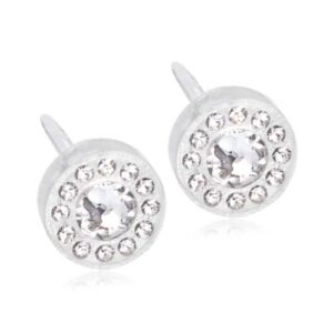 Latched & Bloom A pair of Brilliance Halo Crystal Earrings- 6mm featuring a central diamond surrounded by smaller crystals on a white background. Pediatric and Postpartum Care