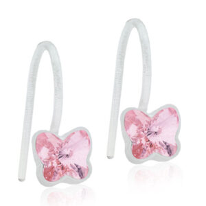 Latched & Bloom Pair of silver Pendant Fixed Butterfly Light Rose Earrings with pink butterfly-shaped gems. Pediatric and Postpartum Care