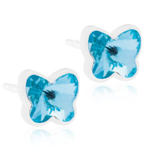 Latched & Bloom Pair of Aquamarine Crystal Butterfly Stud Earring- 5mm with blue gemstones and white settings on a white background. Pediatric and Postpartum Care