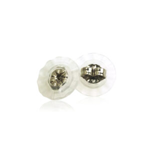 Latched & Bloom Two clear plastic earring backings with a metallic center, isolated on a white background. Pediatric and Postpartum Care