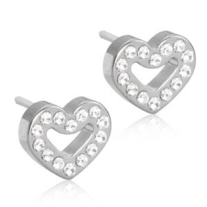 Latched & Bloom A pair of Brilliance Hollow Heart Crystal -8mm earrings adorned with clear crystals, isolated on a white background. Pediatric and Postpartum Care