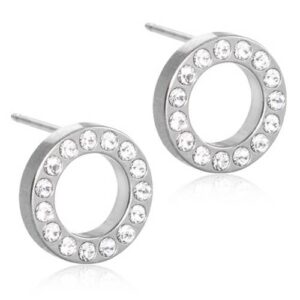 Latched & Bloom Brilliance Puck Hollow Crystal Earring-10mm with embedded clear crystals on a white background. Pediatric and Postpartum Care