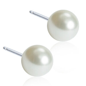 Latched & Bloom A pair of White Pearl Stud Earrings- 6mm with silver posts on a white background. Pediatric and Postpartum Care