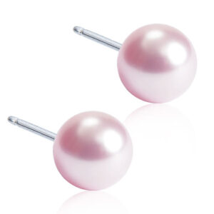 Latched & Bloom Pair of Light Rose Pearl Stud Earrings with silver posts on a reflective white surface. Pediatric and Postpartum Care