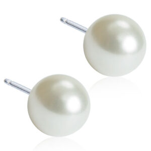 Latched & Bloom Pair of White Pearl Stud Earrings with Silver Posts on a white background. Pediatric and Postpartum Care