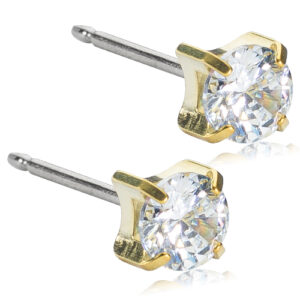 Latched & Bloom A pair of Golden Tiffany CZ White - 5mm earrings set in a gold prong on silver posts. Pediatric and Postpartum Care