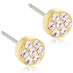 Latched & Bloom A pair of round gold stud earrings, each set with seven Brilliance Plenary, Crystal 5mm crystals arranged in a floral pattern. Pediatric and Postpartum Care