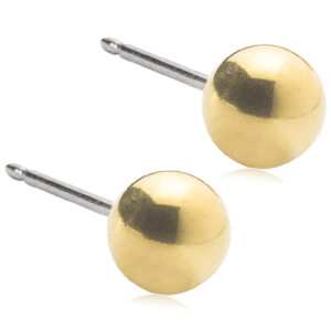 Latched & Bloom A pair of Golden Touch Titanium Ball Drops-5mm with visible posts and a shiny finish. Pediatric and Postpartum Care