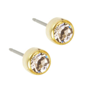 Latched & Bloom A pair of Golden Crystal Bezel Stud Earrings - 5mm, isolated on a white background. Pediatric and Postpartum Care