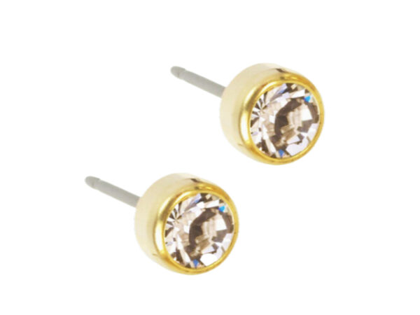 Latched & Bloom A pair of Golden Crystal Bezel Stud Earrings - 5mm, isolated on a white background. Pediatric and Postpartum Care