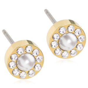 Latched & Bloom Pair of Brilliance Halo Pearl earrings with a gold setting, surrounded by a ring of small diamonds. Pediatric and Postpartum Care