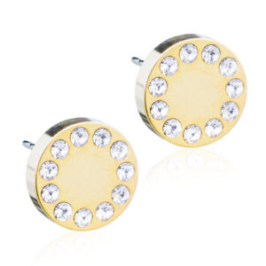 Latched & Bloom Golden Brilliance Puck with Swavorski Crystals - 8mm earrings with multiple small clear gemstones arranged in a circular pattern on a white background. Pediatric and Postpartum Care