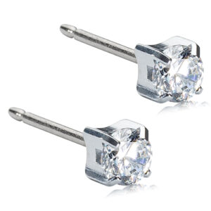 Latched & Bloom Pair of Tiffany CZ White Stud Earrings - 4mm with clear, round-cut gemstones on a white background. Pediatric and Postpartum Care