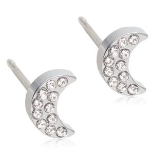 Latched & Bloom Pair of Brilliance Crescent Moon Crystal Earrings- 6mm embellished with small crystals on a white background. Pediatric and Postpartum Care