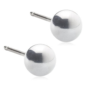 Latched & Bloom A pair of Silver Titanium Ball Stud Earrings- 5mm with a polished finish on a white background. Pediatric and Postpartum Care