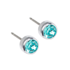 Latched & Bloom A pair of Silver Titanium Turquoise Crystal Bezel Earring Studs-5mm, isolated on a white background. Pediatric and Postpartum Care