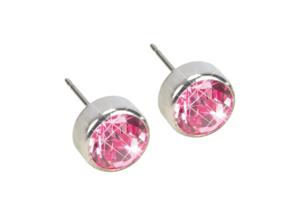 Latched & Bloom A pair of Silver Titanium Light Rose Crystal Bezel Earring Studs-5mm, isolated on a white background. Pediatric and Postpartum Care