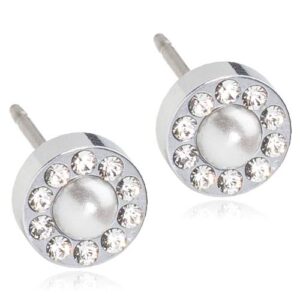 Latched & Bloom A pair of Brilliance Halo Pearl White stud earrings with a central pearl surrounded by small crystals. Pediatric and Postpartum Care