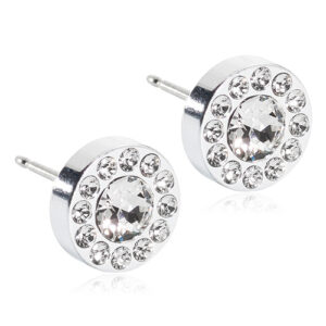 Latched & Bloom A pair of Brilliance Halo Crystal Stud Earrings - 8mm, each featuring a large central gem surrounded by smaller crystals. Pediatric and Postpartum Care